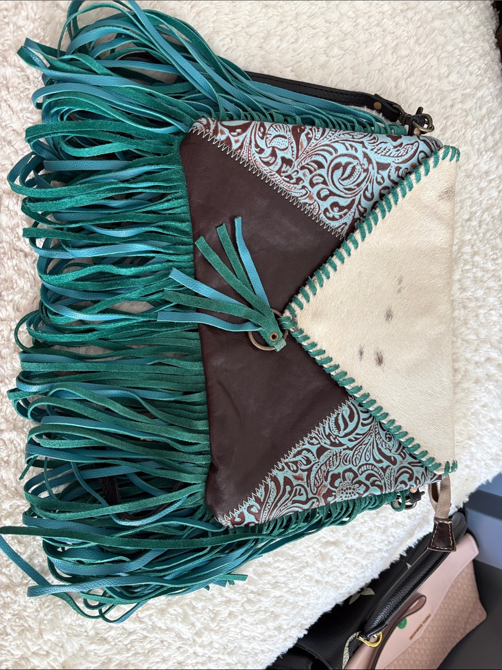 Teal Fringe Leather Crossbody Bag with Brown & Cream Accents